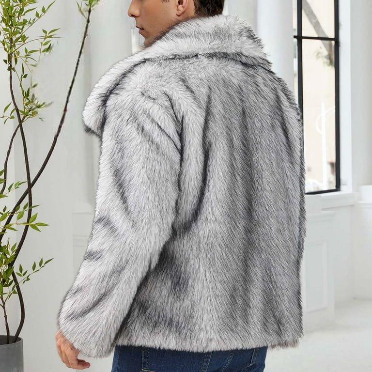 Mens Faux Fur Jacket Fluffy Furry Zipper Coats Lapel Collar Long