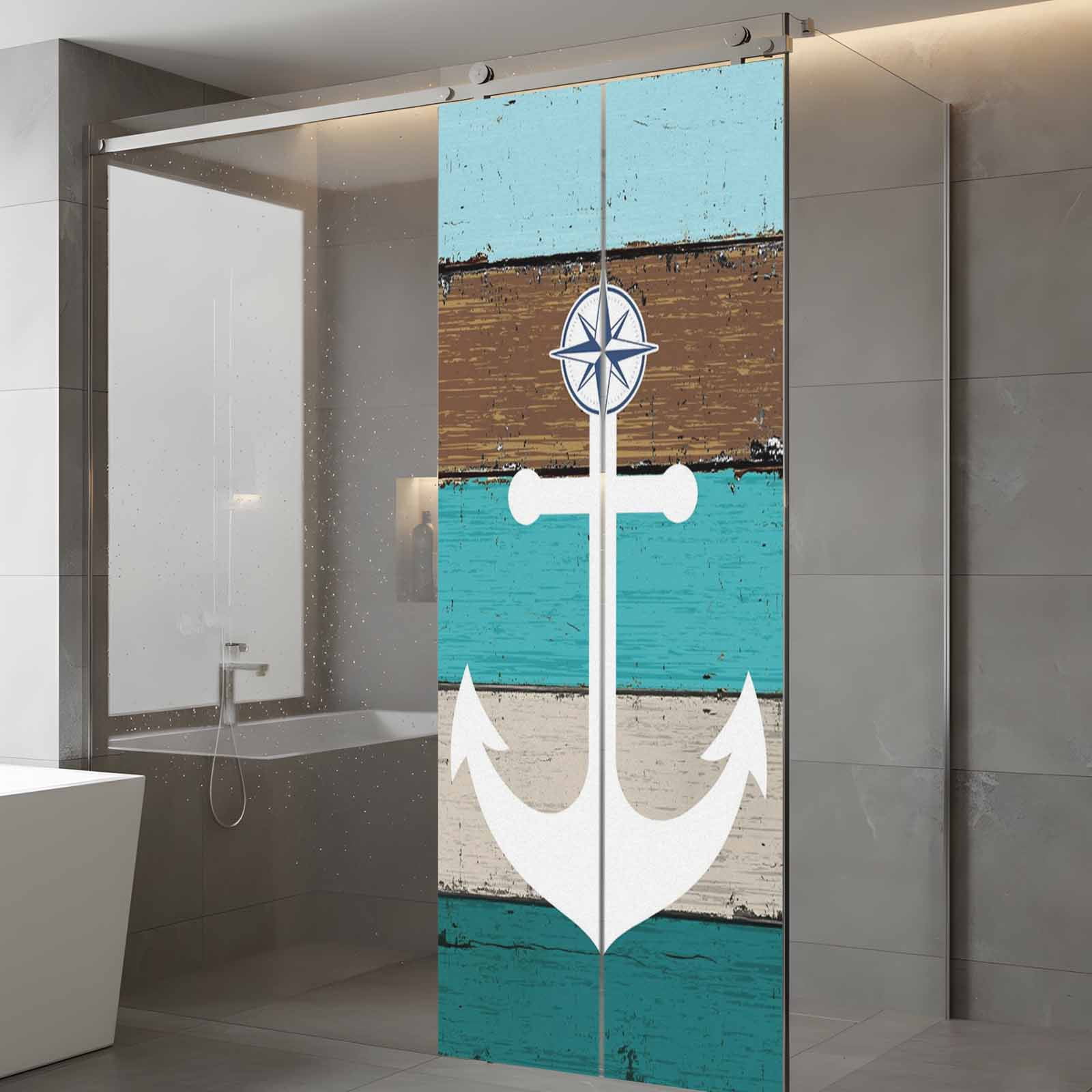 White Anchor Window Privacy Film, Costal Green Brown Stripes Wood Grain Bottom Frosted Glass Window Clings Static Cling UV Heat Blocking Reusable Door Sticker for Bathroom 23.6 x 59 Inch
