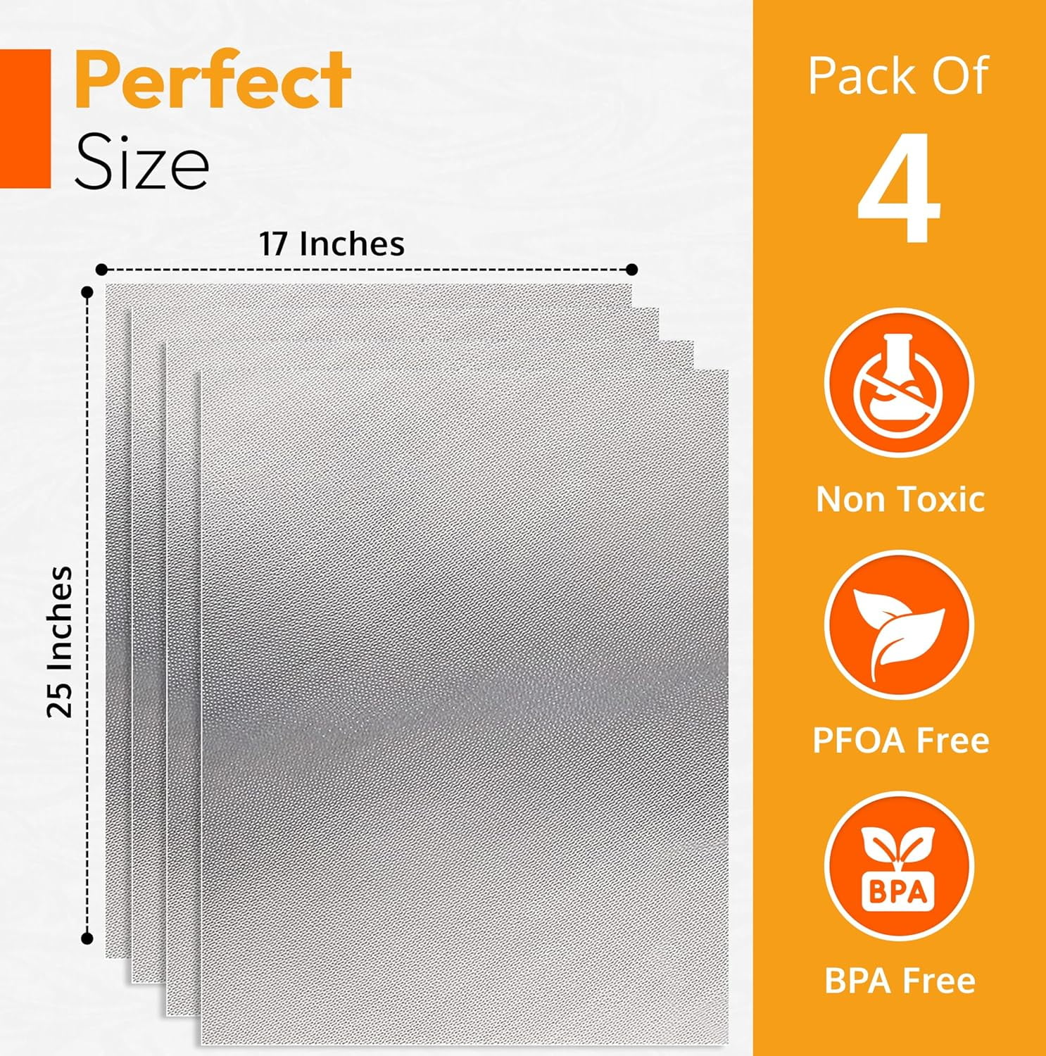 Oven Liners for Bottom of Oven, Silver 17" X 25" - Premium Large Thick Mats, Heavy Duty Liner for Bottom of Electric Range, Gas Range, Microwave, Etc. - Non Stick Teflon Mats (4-pack)