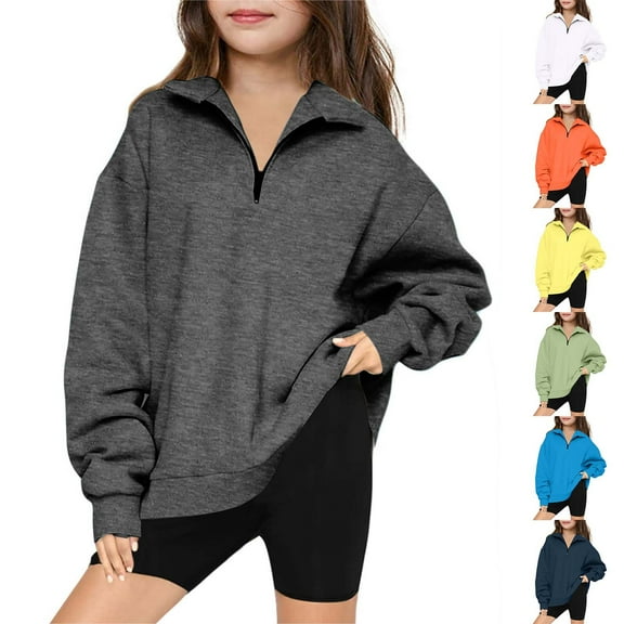 PXLKNZH Teen Girls Half Ziper Collar Oversized Hoodies Solid Color Long Sleeve Fleece Zip Up Pullover Sweatshirts 5-14 Years Blue,7 Years