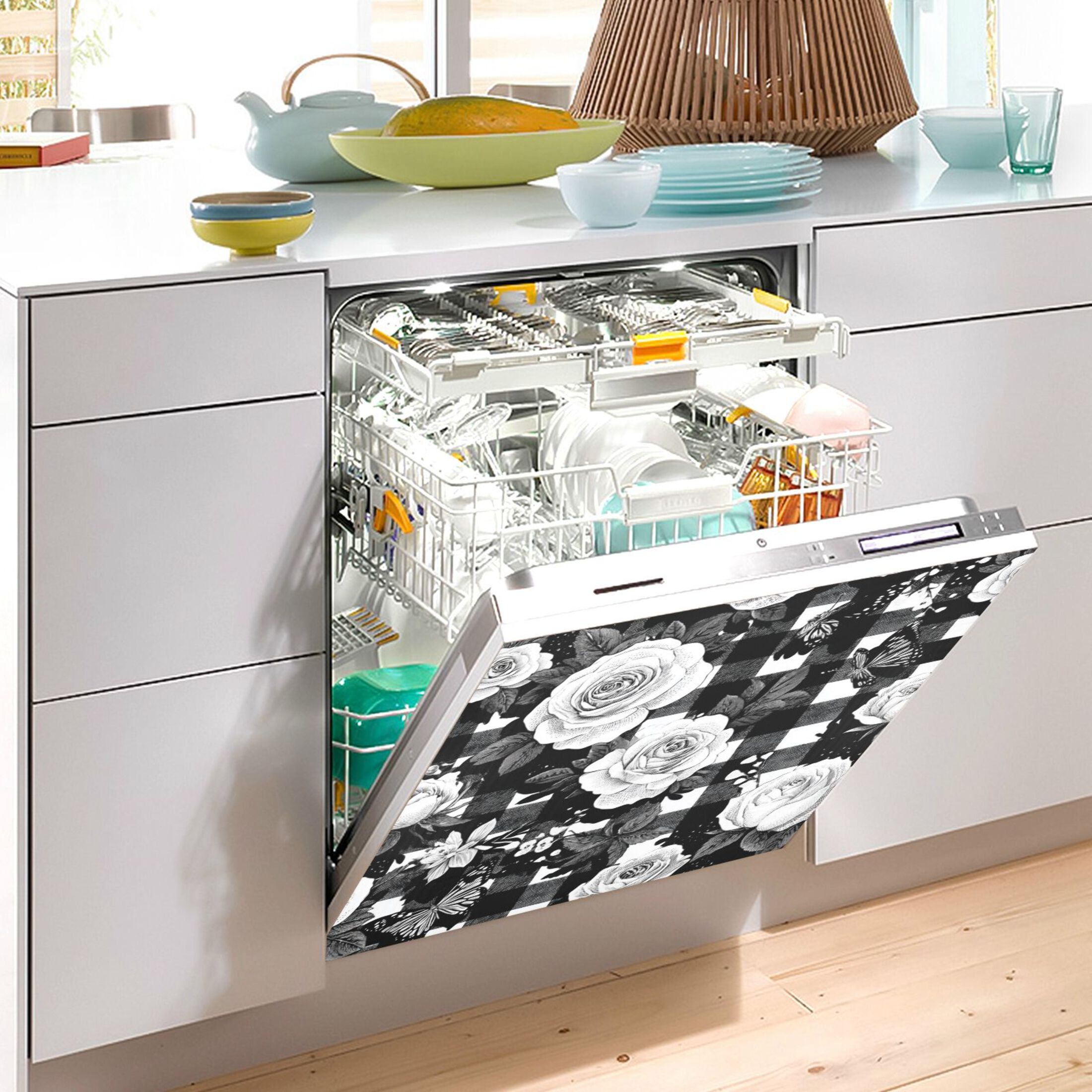 Dishwasher Magnetic Refrigerator Magnet Cover Sticker Home Decorative 23"x26" White Rose Pattern