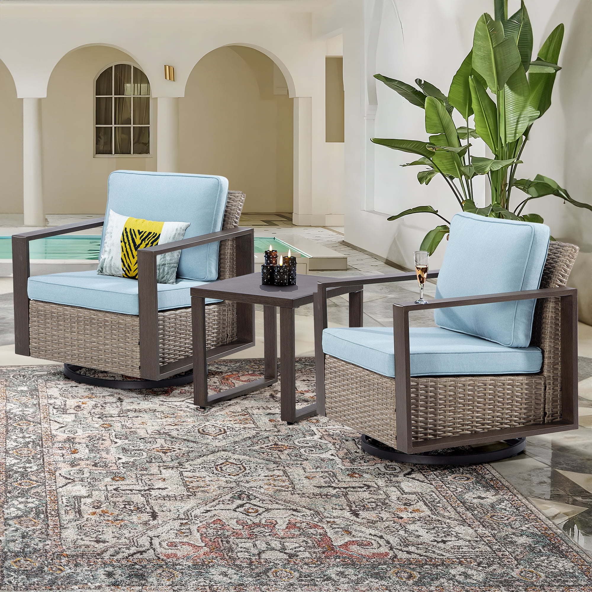 MeetLeisure Outdoor Swivel Rocker Metal Chairs Set of 2 with Small Coffee Table, 3 Pieces Patio Bistro Set with 360 Degree Glider Chairs & Wood-Looking Metal Armrest, Sky Blue