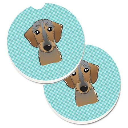 Wirehaired Dachshund - Checkerboard Blue Wirehaired Dachshund Set of 2 Cup Holder Car Coaster
