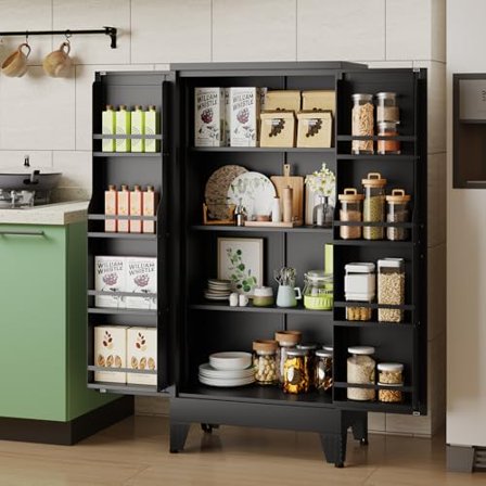 51" H Metal Kitchen Pantry Storage Cabinet, Freestanding Tall Cupboard Storage Cabinet with Doors and Adjustable Shelves, Large Stand Up Food Cupboard for Living Room, Dinning Room(Black)$$Furniture