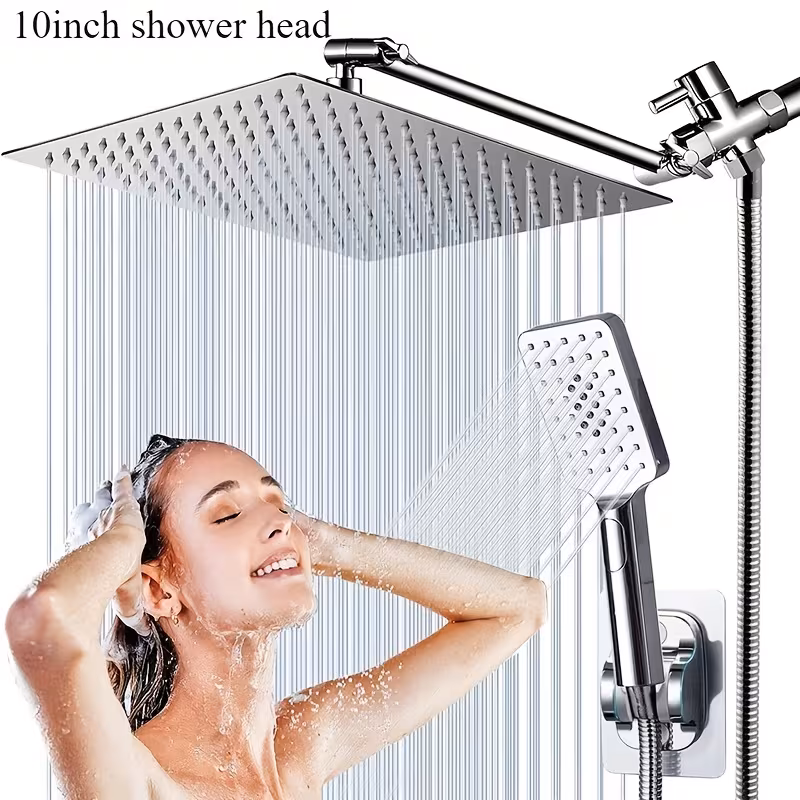 chrome, variant on Combination Shower Head Featuring a 10-Inch High-Pressure Rain Shower Head, an 11-Inch Adjustable Extension Arm, And a Handheld Option with Three Settings. Includes a Long 59-Inch Hose