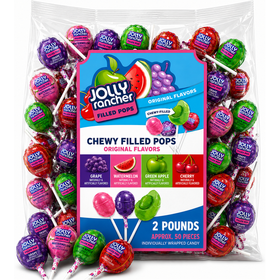 Jolly Rancher Chew-Filled Pops, Original Fruit Flavors, Individually Wrapped, Bulk Lollipops Hard Candy (2 Pounds)