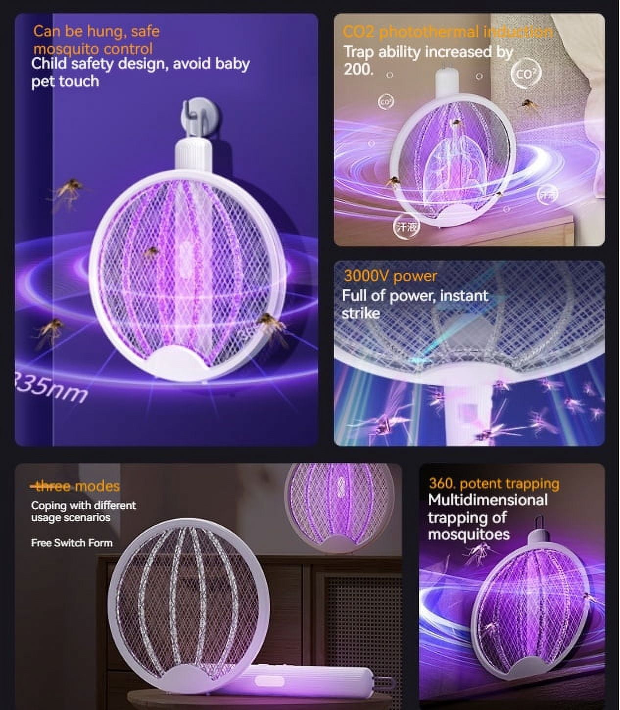 Electric Fly Swatter 2 in 1 Bug Zapper Racket Fly Killer Mosquitoes Trap Lamp