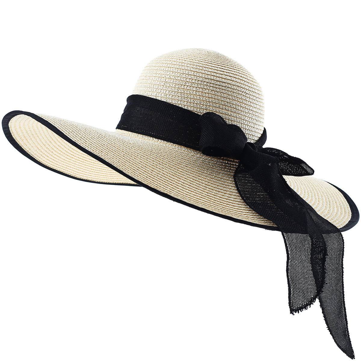 Khaki Vintage Women's Floppy Wide Brim Straw Fedora Hat Summer Sun Cap With Bow 