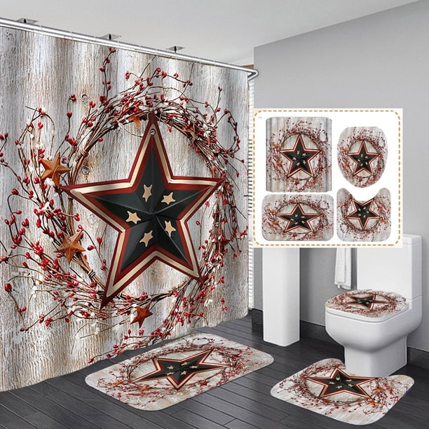 Set de baño con cortina de ducha rústica con forma de corona de estrellas y alfombras