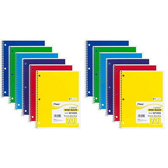 Mead Spiral Notebook 1-subject, 70-count, Wide Ruled, Assorted Colors, 12 Pack