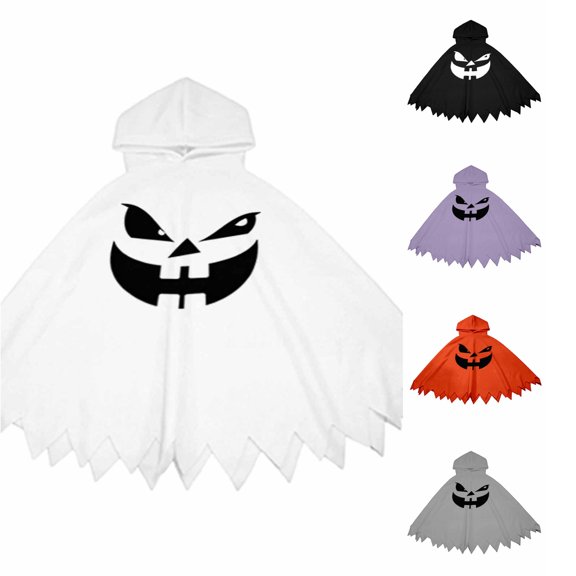 Rggeeun Kids Cape Cute Halloween Themed Pattern Hooded A Line Pointed Hem Loose Fit for Halloween Outdoor Play Casual Capes,White,4-6 Years