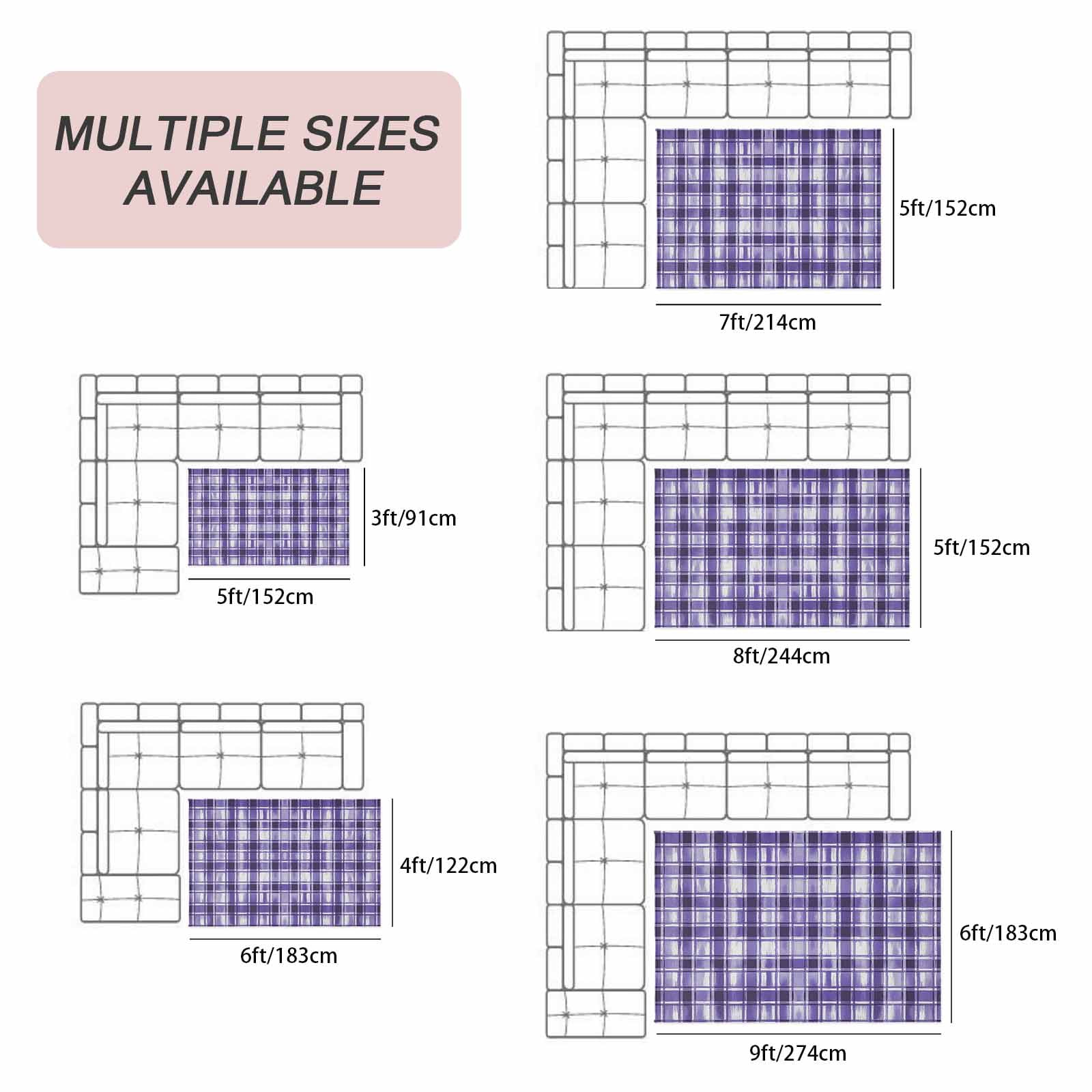Purple Plaid Outdoor Rug 6x9 Ft, Non Slip Washable Area Rug, Modern Art Checkered Farmhouse Patio Rugs Carpet Runner, Large Floor Mat for Indoor/Outdoor Deck Porch Camping