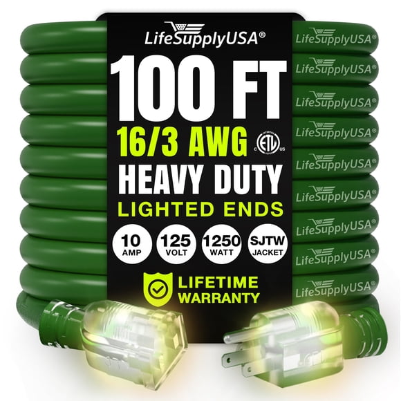 Cable de extensión LifeSupply USA, 100 pies, calibre 16/3, 1250 W, verde