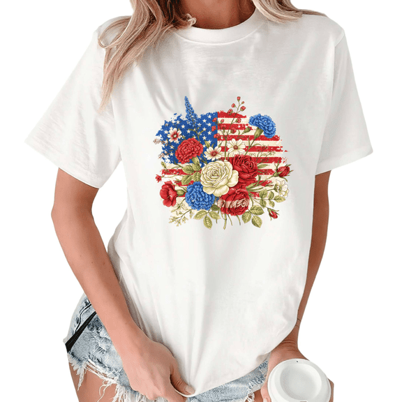 Giffimy Women's Patriotic USA Floral Flag Print Short Sleeve T-Shirt White S-5XL Relaxed Fit Cotton Top