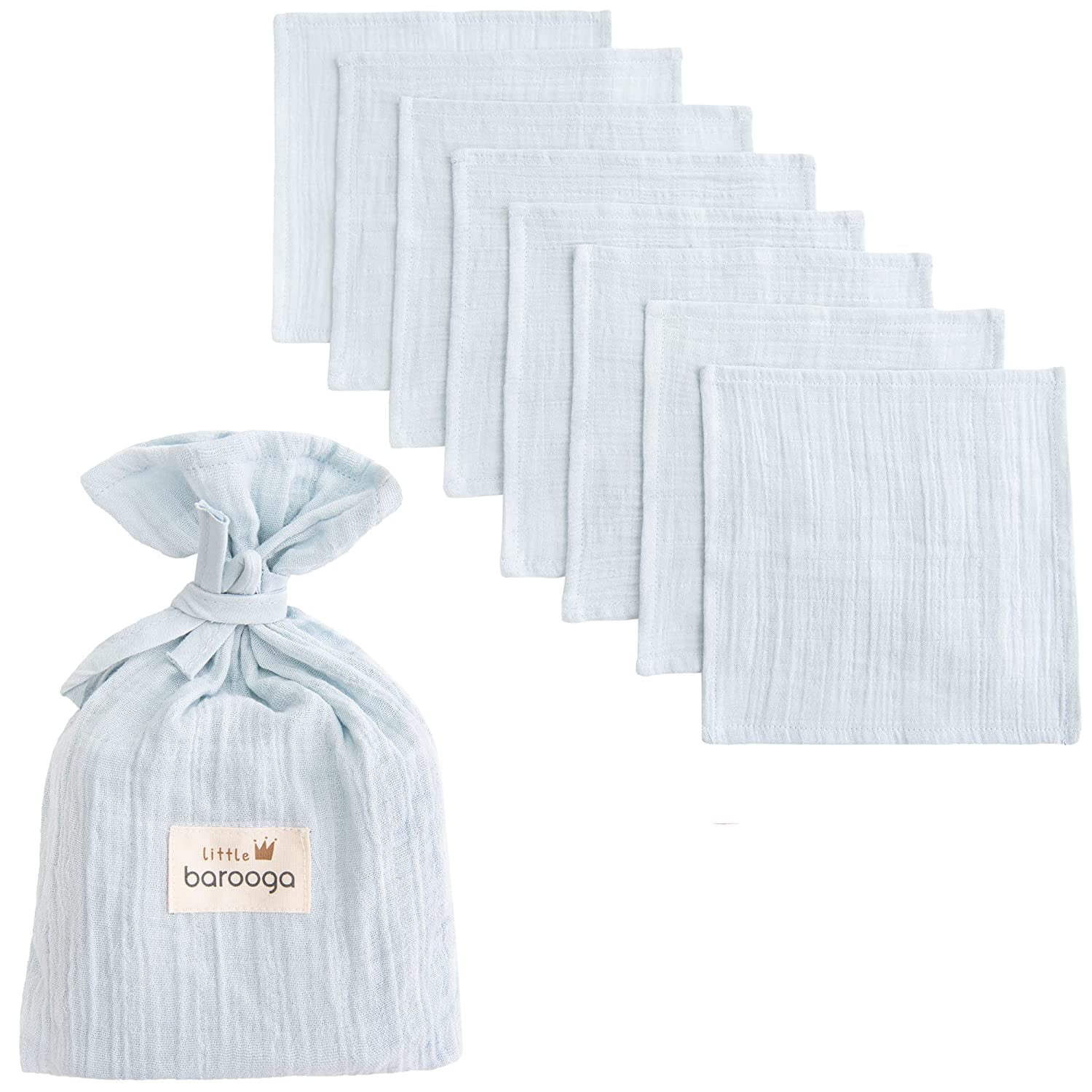 Barooga Muslin Baby Washcloths, Burp Cloths, Set of 8 + Muslin Bag