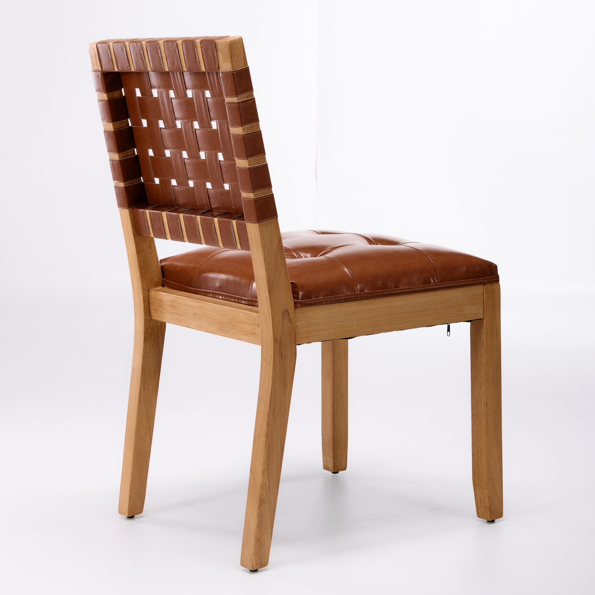 GARITIN Dining Chairs Set of 2, Woven PU Leather Side Chairs with Button Tufted Seat and Solid Wood Frame for Dining Room, Saddle Brown