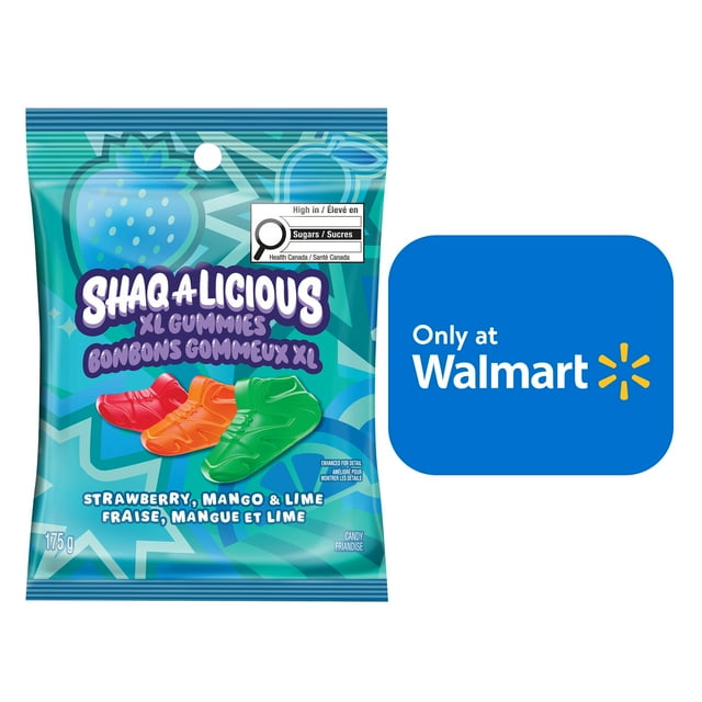 SHAQ-A-LICIOUS XL Gummies Mixed Fruit Bag 175g featuring strawberry, mango, and lime flavored gummy candies shaped like sneakers in red, orange, and green inside a blue resealable bag with bilingual English and French text and a Health Canada high sugar warning label, ideal for a bold fruity snack.