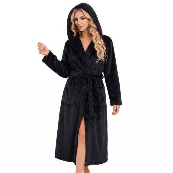Heartnice Womens Long Hooded Fleece Robe, Soft Warm Spa Bathrobe for Cozy Lightweight Loungewear (Black, L/XL)