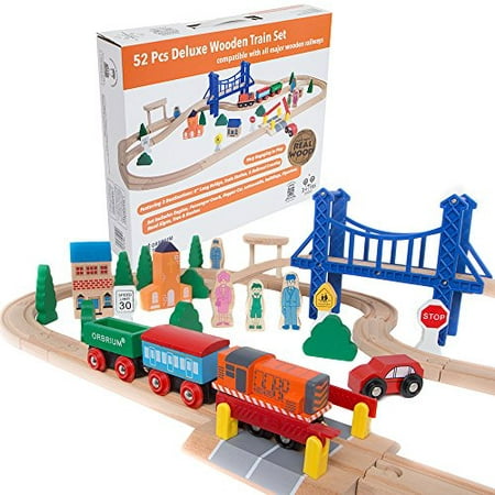 52 Pcs Deluxe Wooden Train Set with 3 Destinations Fits Thomas, Brio 