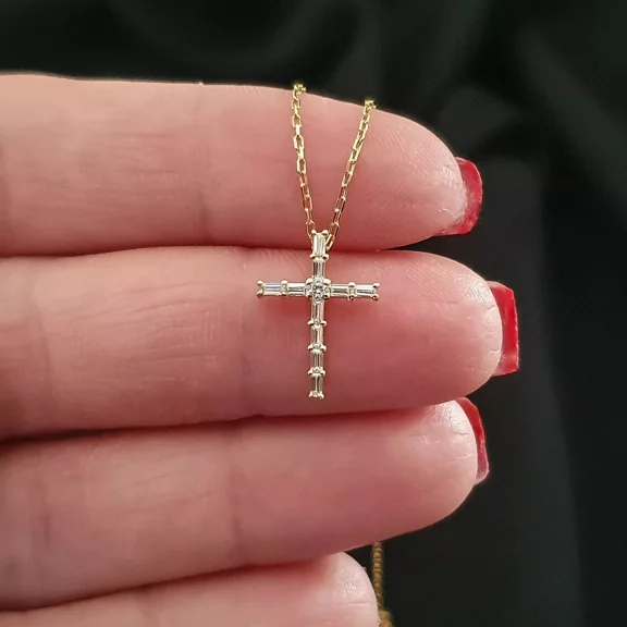 1.00 Ct Baguette Cut Moissanite Cross Pendant Necklace 18" 14k Yellow Gold Plated