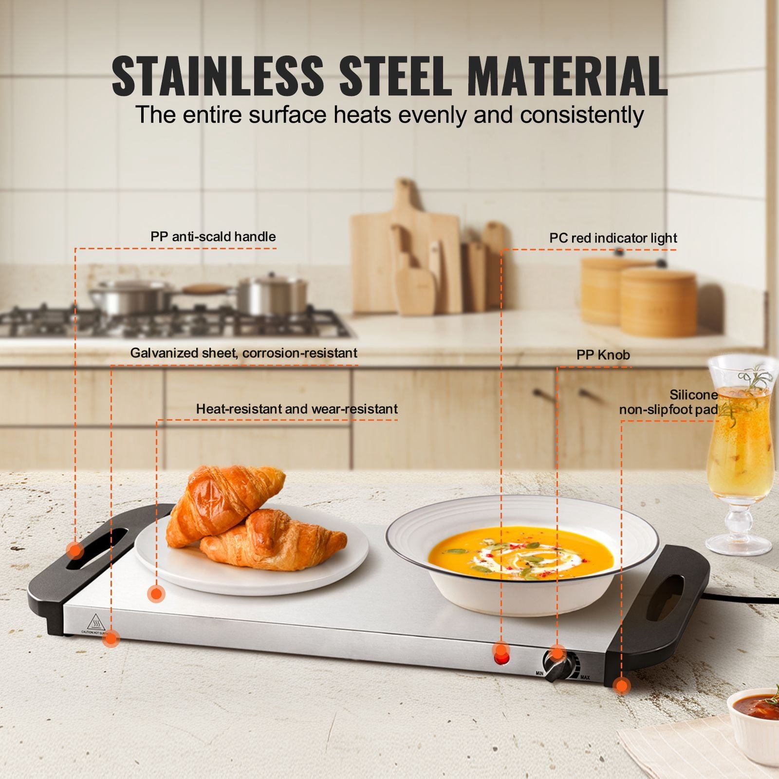 Electric Warming Tray 25.2" x 14.33", Stainless Steel Panel, Adjustable Temperature Knob, Heat-Resistant Handles, for Buffet Party Food Warming