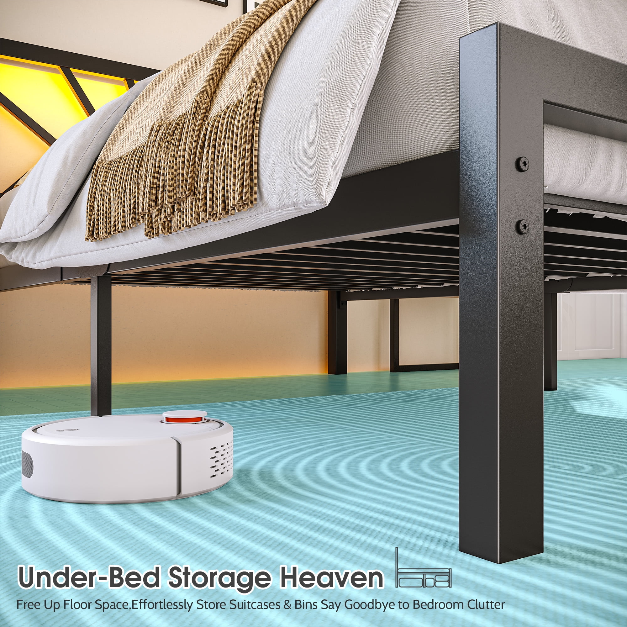 Twin Size Metal Bed Frame with Headboard Metal Platform Bed Frame with LED Lights Bed Frame Twin with Storage Underbed, Noise Free, No Box Spring, Black