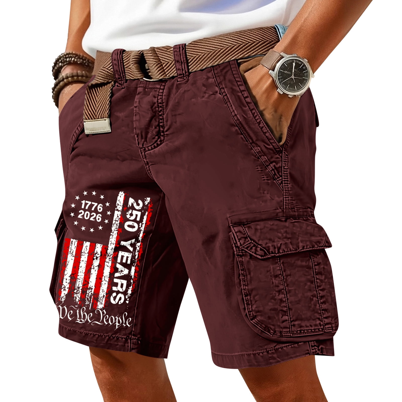 GrmtClth Mens American Flag Print Cargo Shorts 2026 Patriotic 4th Of July Summer Shorts Classic Multi-Pocket Short Pants Comfy Outdoor Trouser Wine XL