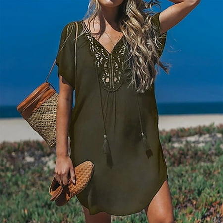 TMOYZQ Swimsuit Coverup for Women Cut Out Lace Crochet V Neck Bathing Suit Cover Up Dress Beach Cover Ups for Bikini Swimwear