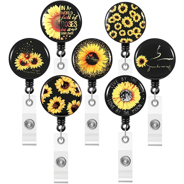 7 Pieces Sunflower Badge Reels Retractable ID Badge Holder Sunflower ID Badge  Clip Cute Flower Nursing Name Badge Holder for Student Teacher Doctor Nurse  Office Staff, 7 Designs 