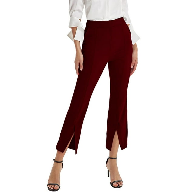 Lucakuins - Pantalones largos casuales para mujer, cintura alta, color sólido, pierna acampanada, pantalones divididos con bolsillos Lucakuins moda