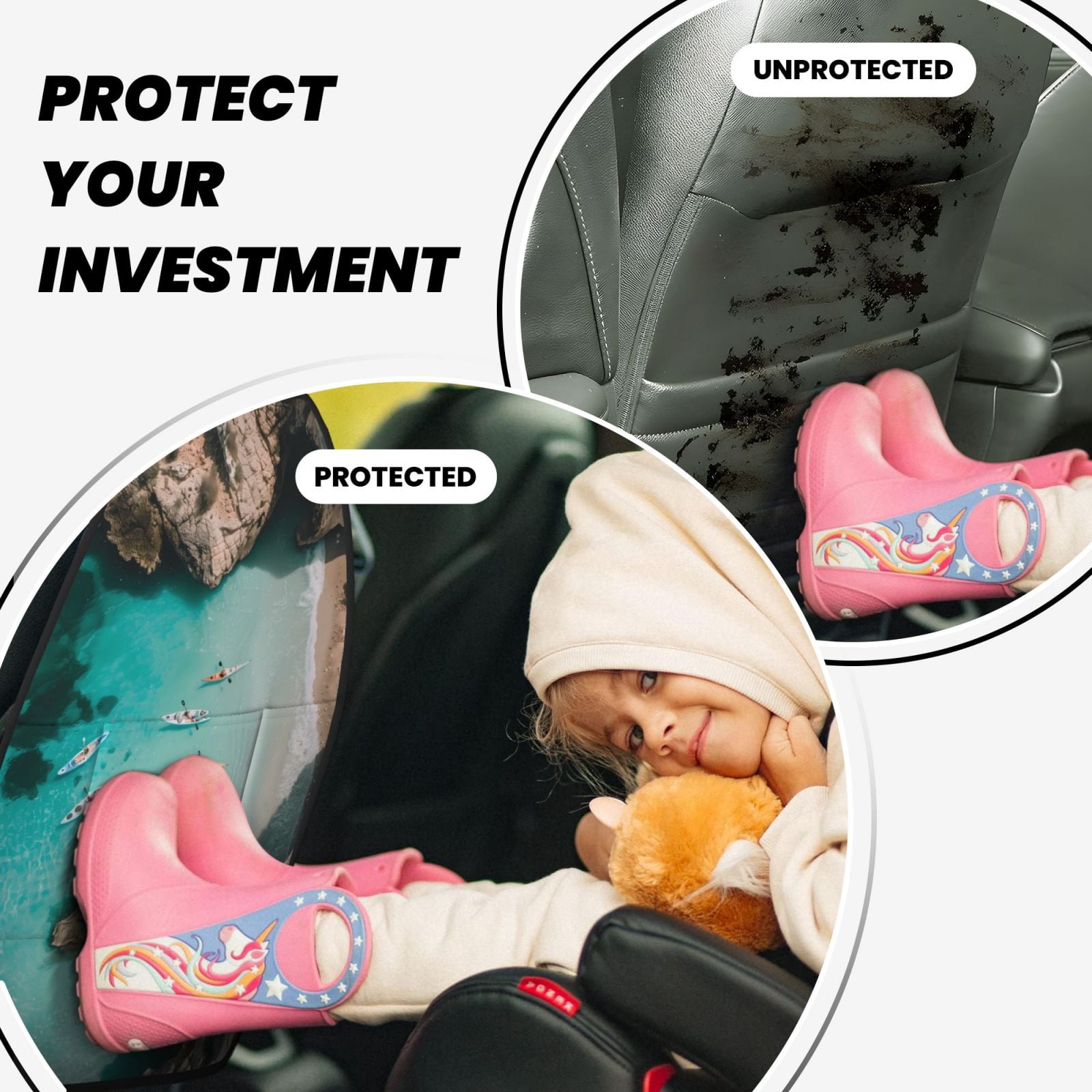 Naloa Turquoise Beach Kayaking 2Pcs Anti-Kick Back Seat Cover Kick Mat, Car Seat Protector with 3 Storage Pockets