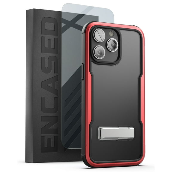 Encased Exos-Armor Case Designed for iPhone 14 Pro Max with Screen Protector and Metal Kickstand, [MIL-Spec] Ultra Protective Aluminum Frame - Metallic Red