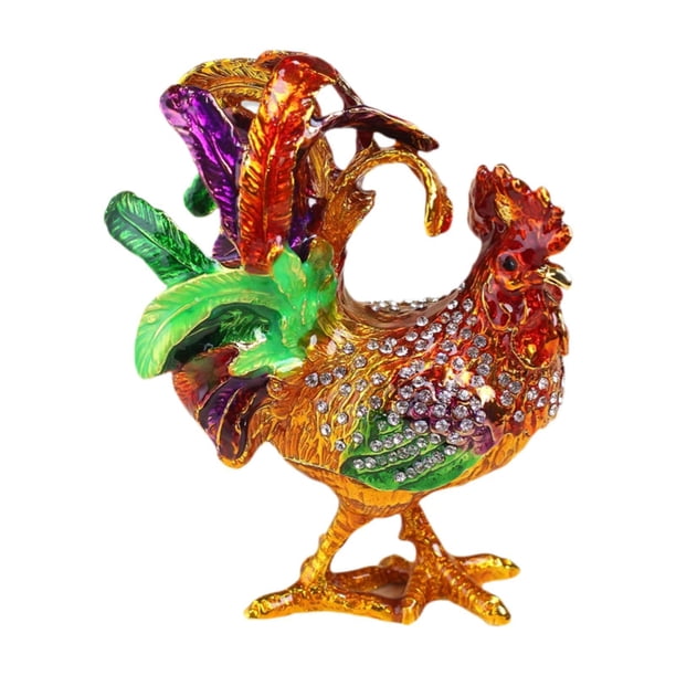 Caja de joyería con estatuilla de pollo, caja del tesoro de aleación para broches, anillos, collares M