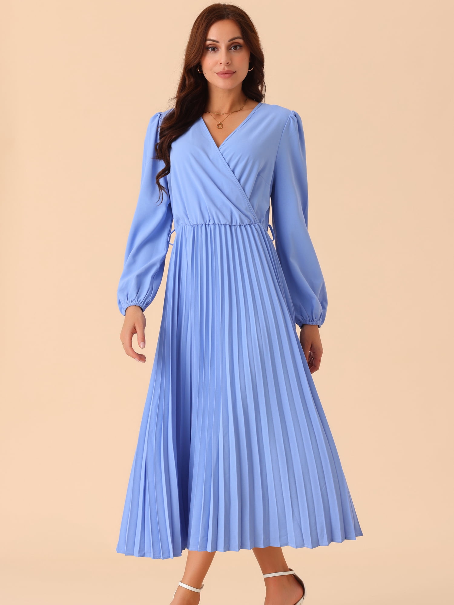 DARING DIVA Women's Long Puff Sleeve Flowy Ruffle Pleated Dress with Belt S Blue