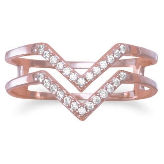 18k Rose Gold Plated Sterling Silver Double Row CZ 'V' Ring