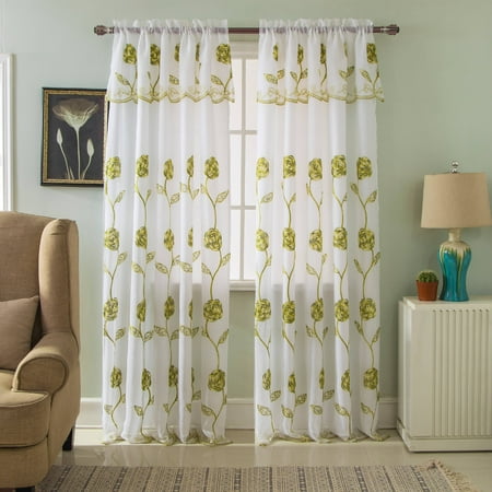 - Crystal Floral Embroidered 54 x 84 in. Rod Pocket Single Curtain Panel w/ Attached Valance, Sage