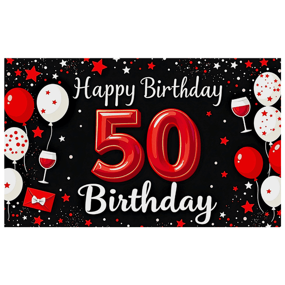 Black Background Happy 50th Birthday Banner with Red White Balloons Wine Glasses Star Elements Party Supplies Photography Props Birthday Decoration Backdrop