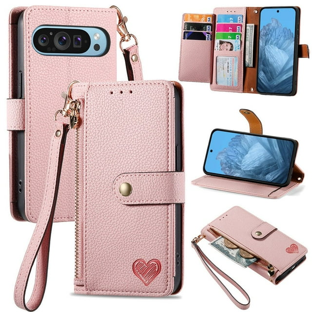 HLONK Wallet Case Compatible for Pixel 9 / 9 Pro Fold Case with Card Slots Strap & Kickstand Leather with Zipper Shockproof Slim Cover Phone Case for Pixel 9 / 9 Pro Fold Wallet Case Gr