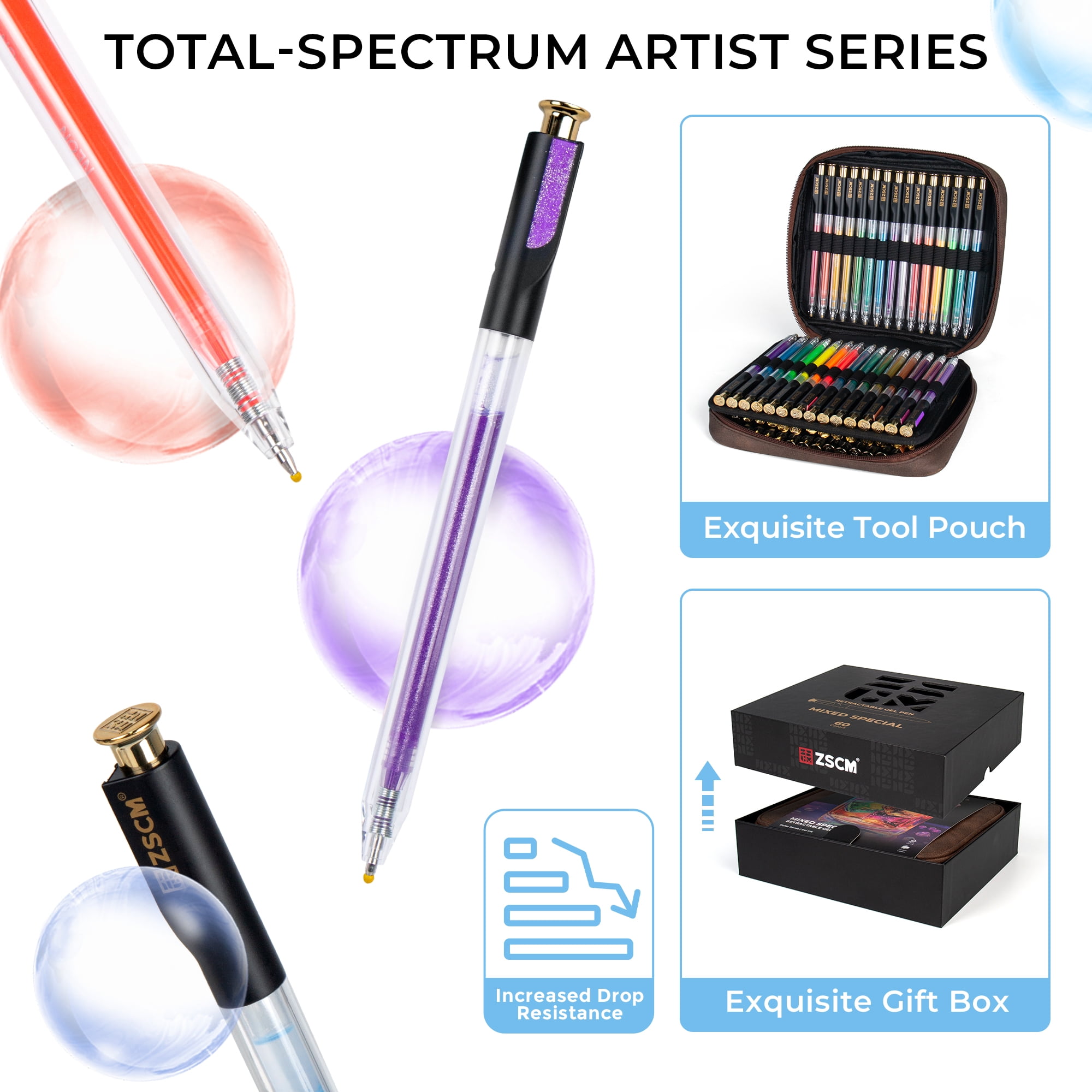 ZSCM Retractable Gel Pen for Adult Coloring, 60 Colors Large Capacity Multicolor Gel Ink Pens for Adult Coloring Book Note Taking Art Supplies