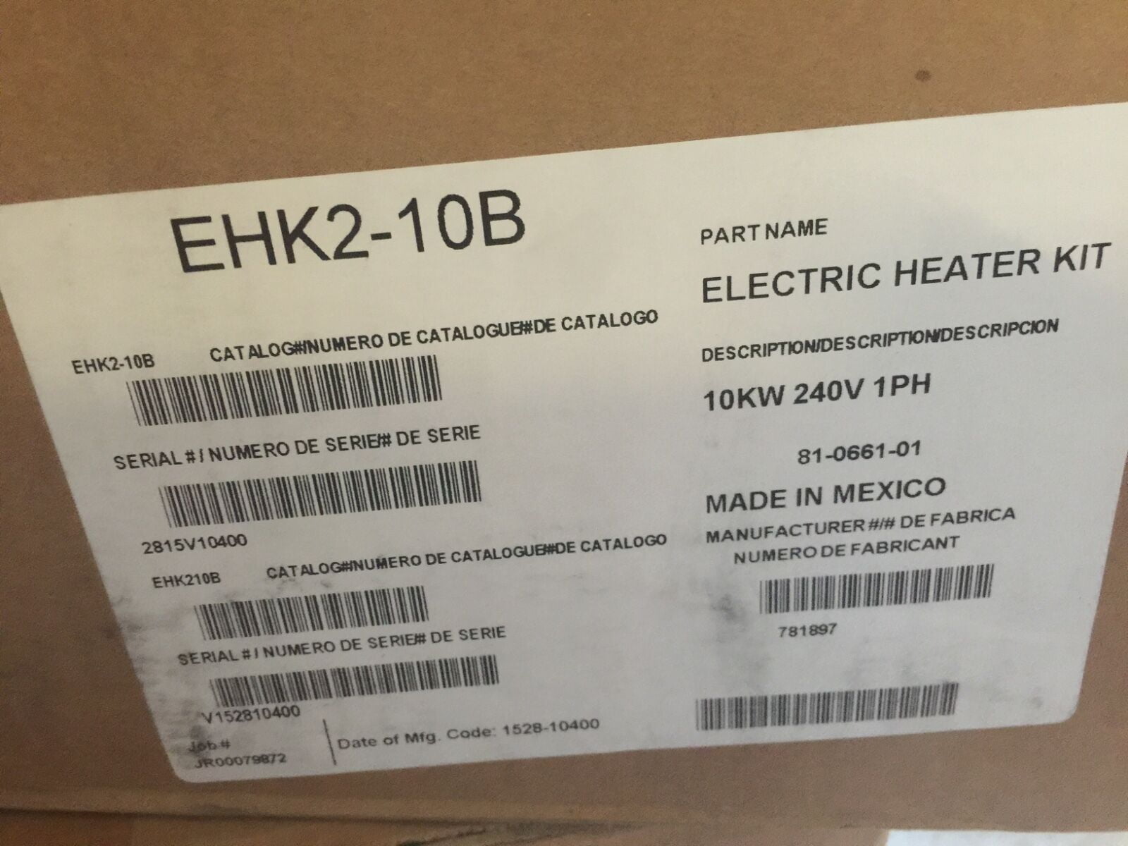 CARRIER PAYNE GRANDAIRE 10 Kw Electric AIR HANDLER Heat Kit EHK210B