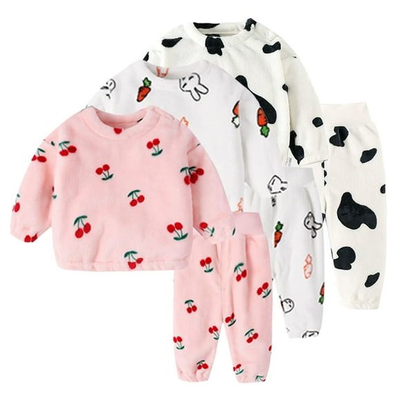 Godderr Kids Baby Boys 2Pcs Fleece Pajamas Outfits Autumn Winter Sleepwear Set Long Sleeve Printing Round Neck Thick Loungewear Set Toddler Warm Lounge Set for 9M-6Y
