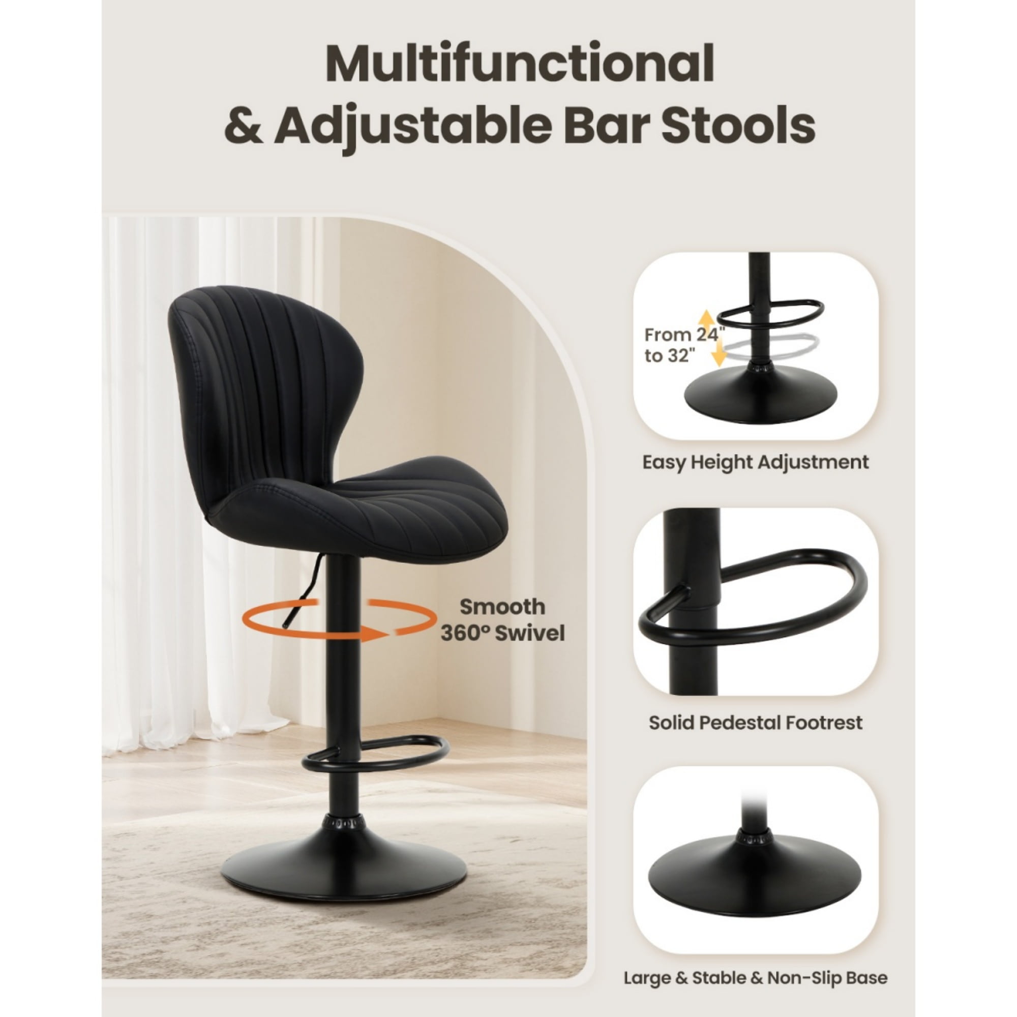 EOP Swivel Bar Stools Set of 4, Modern Upholstered Adjustable Height Counter Stools with Footrest, Faux Leather Upholstered BarStools with Metal Frame, Bar Chairs with Backrest, Black