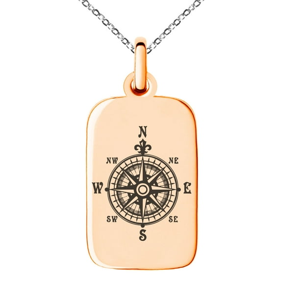 Stainless Steel Nautical Fleur de Lis Compass Engraved Small Rectangle Dog Tag Charm Pendant Necklace