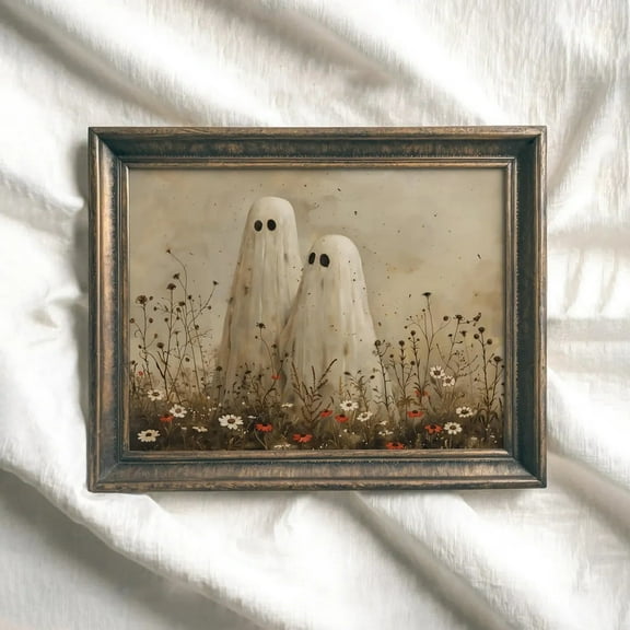 Vintage Cute Ghosts In Wildflower Meadow Wall Art Canvas Artwork Wall Decor Prints Painting Art Prints Picture Home Spooky Halloween Fall Bedroom Decoration No Frame