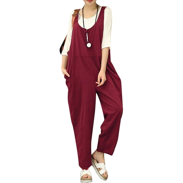 Mamelucos de lino de verano para mujer, monos Monos sin mangas vintage sin tirantes Romacci Morado/XXL