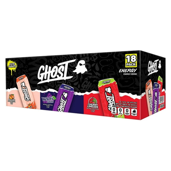 GHOST Energy Drink Zero Sugars Cherry Limeade, Welch's Grape and Peaches 18 Pack 16 Fl. Oz