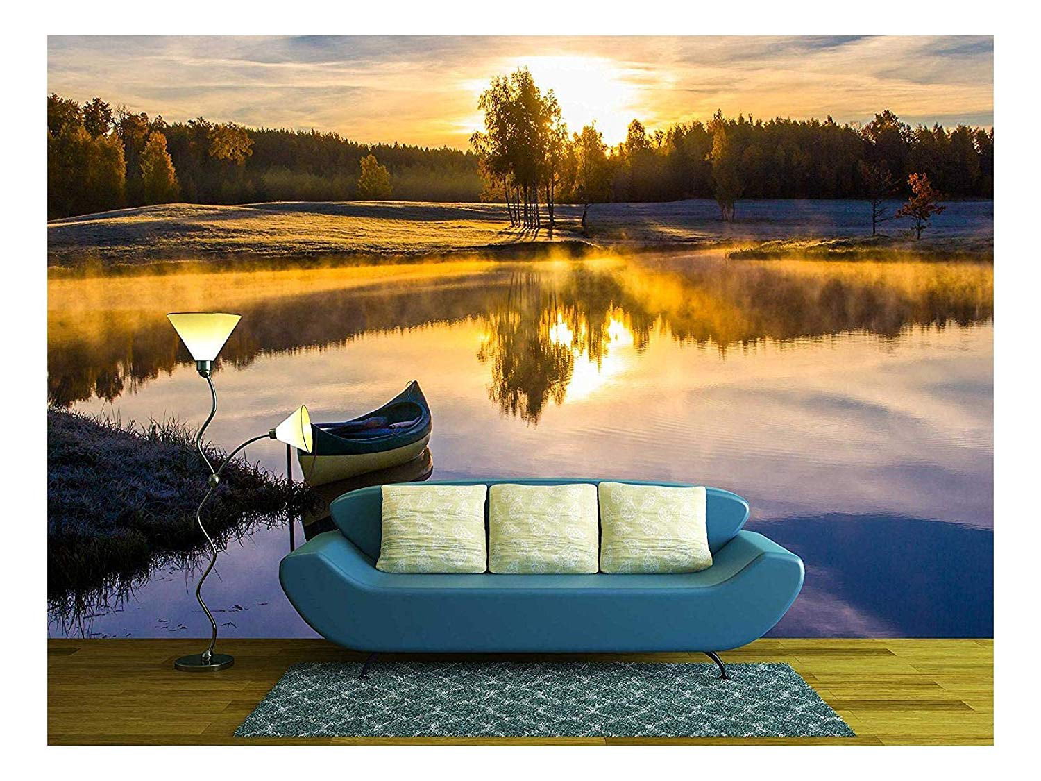 wall26 - Sunrise over the Lake with a Boat - Removable Wall Mural ...