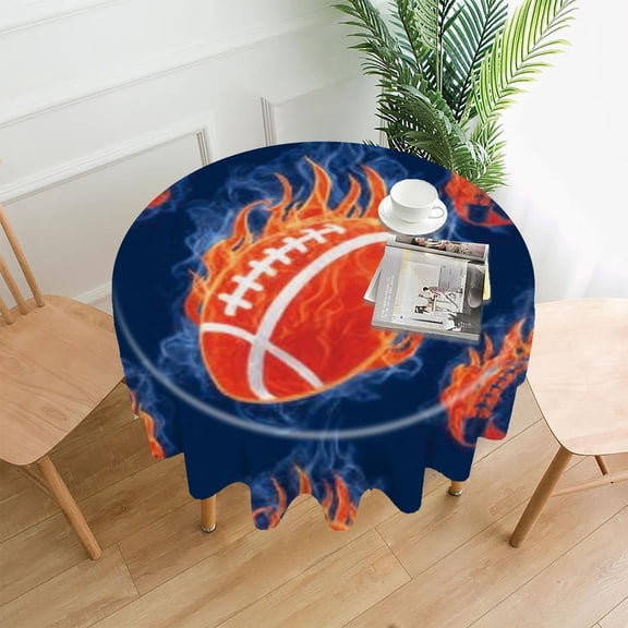 RKSupls 60 Inch Round Tablecloth, Football Fire Pattern Premium Polyester Straight Edge Wrinkle Resistant Washable Table Cover for Party Home Dining Decor