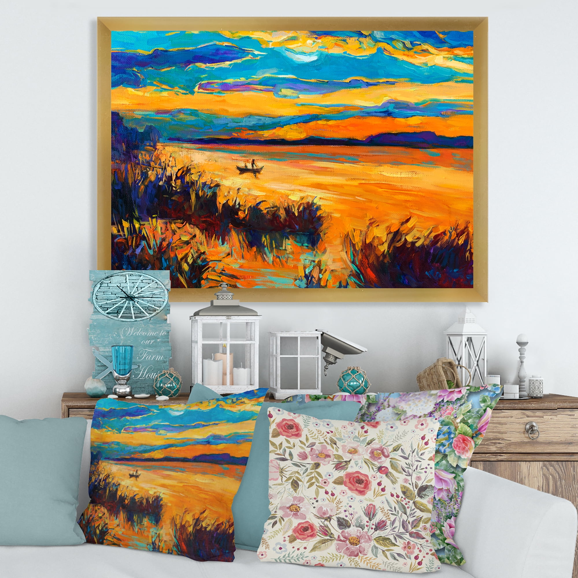 Little Boat At The Horizon Of A Lake During Evening Glow 20 in x 12 in Framed Painting Canvas Art Print, by Designart