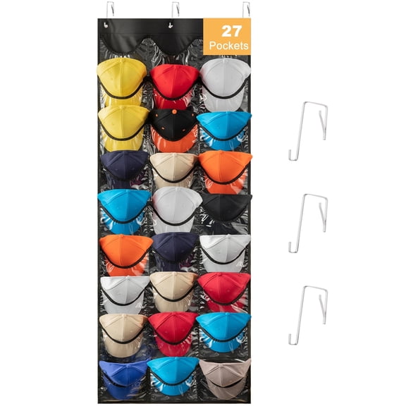 Hat Racks For Baseball Caps, 27 Deep Pockets Hat Organizer for Door, Baseball Caps Over the Door Hat Holder with 3 Hooks, Baseball Hat Organizer for Wall/Closet